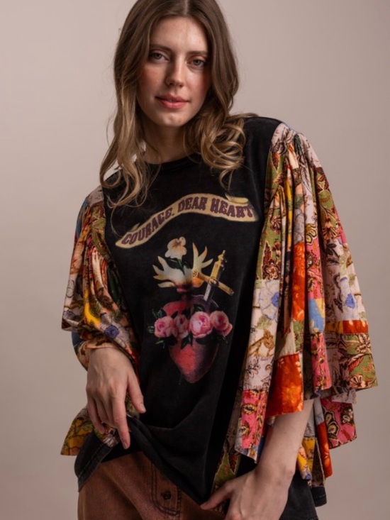 Tops - 236. Vintage-Inspired Floral Patch Kimono Sleeve Top with Graphic Tee